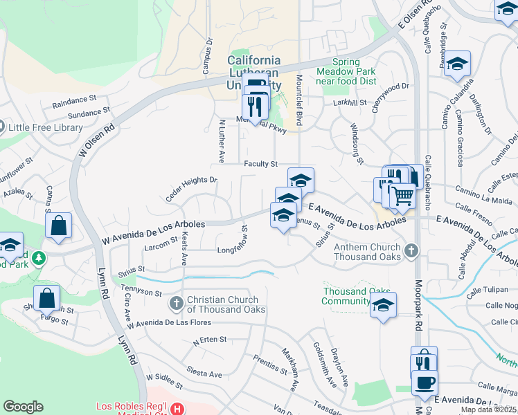 map of restaurants, bars, coffee shops, grocery stores, and more near 142 West Avenida De Los Arboles in Thousand Oaks