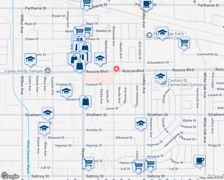 map of restaurants, bars, coffee shops, grocery stores, and more near 8139 Etiwanda Avenue in Los Angeles