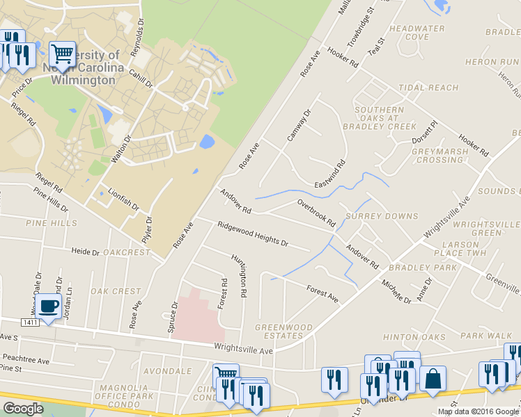 map of restaurants, bars, coffee shops, grocery stores, and more near 5340 Andover Road in Wilmington