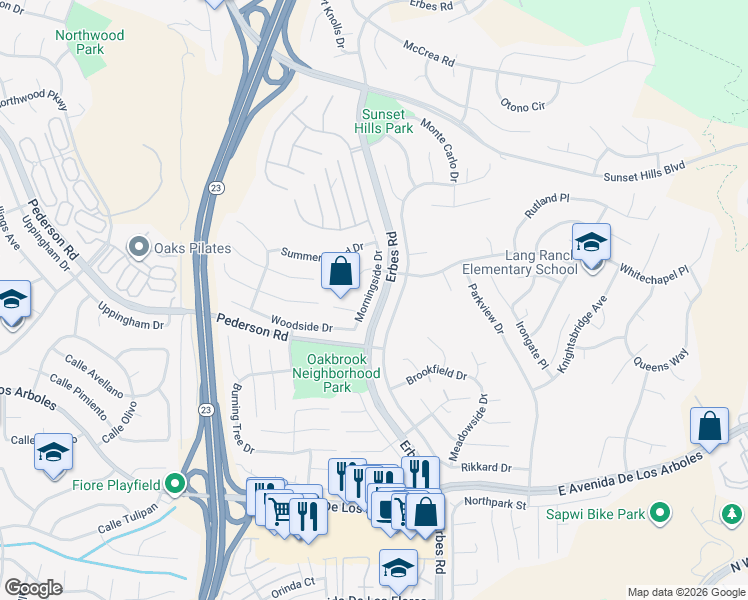 map of restaurants, bars, coffee shops, grocery stores, and more near 2972 Morningside Drive in Thousand Oaks