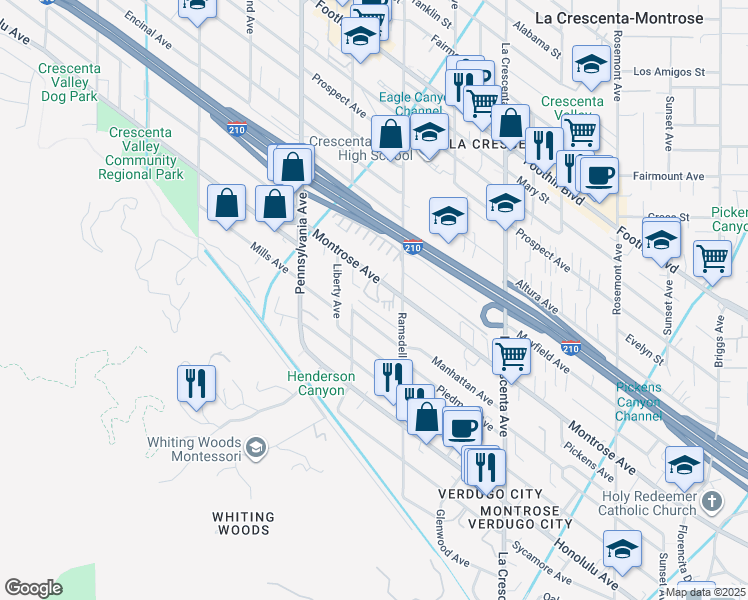 map of restaurants, bars, coffee shops, grocery stores, and more near 3019 Pinewood Lane in Glendale