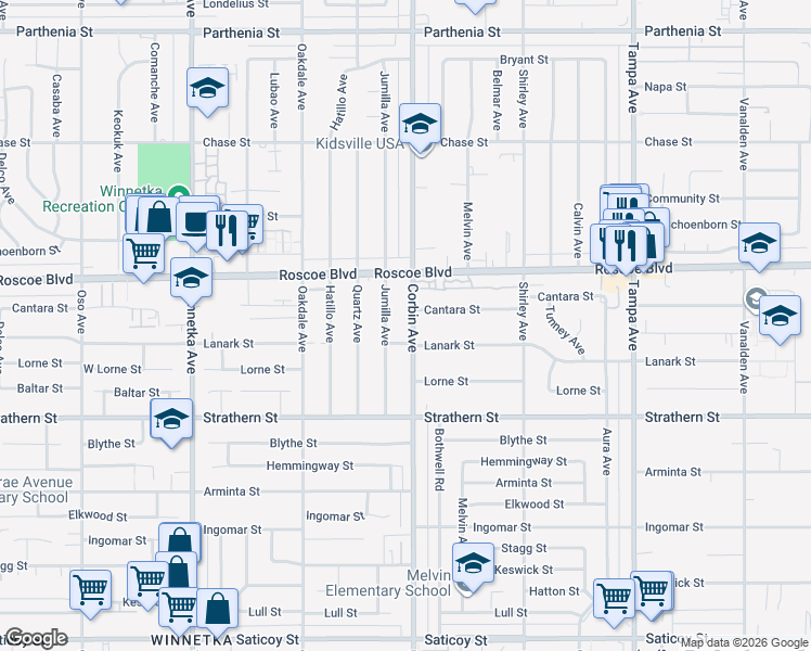 map of restaurants, bars, coffee shops, grocery stores, and more near 8140 Jumilla Avenue in Los Angeles