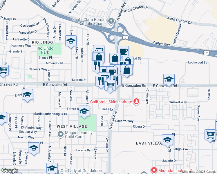 map of restaurants, bars, coffee shops, grocery stores, and more near 1654 East Gonzales Road in Oxnard