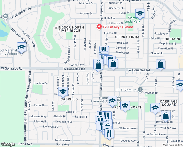 map of restaurants, bars, coffee shops, grocery stores, and more near 1721 Gina Drive in Oxnard
