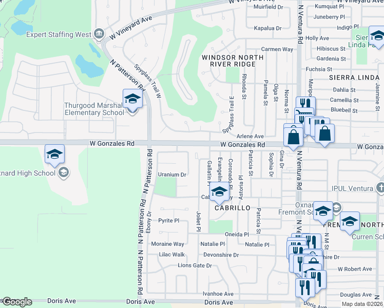 map of restaurants, bars, coffee shops, grocery stores, and more near 1800 Zircon Avenue in Oxnard