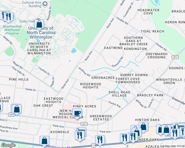 map of restaurants, bars, coffee shops, grocery stores, and more near 5340 Andover Road in Wilmington