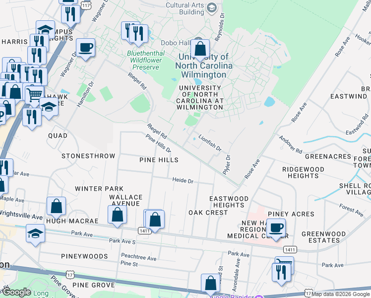 map of restaurants, bars, coffee shops, grocery stores, and more near 314 Pine Hills Drive in Wilmington