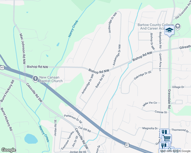 map of restaurants, bars, coffee shops, grocery stores, and more near 67 Baker Road Southeast in Cartersville