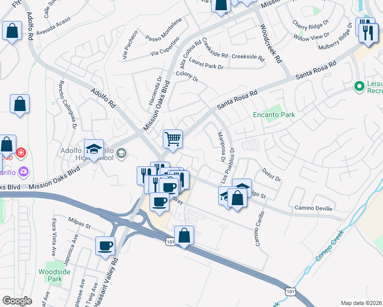 map of restaurants, bars, coffee shops, grocery stores, and more near 5084 Via Calderon in Camarillo