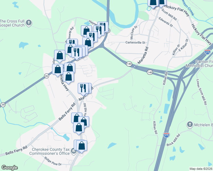 map of restaurants, bars, coffee shops, grocery stores, and more near 1010 Marietta Road in Canton