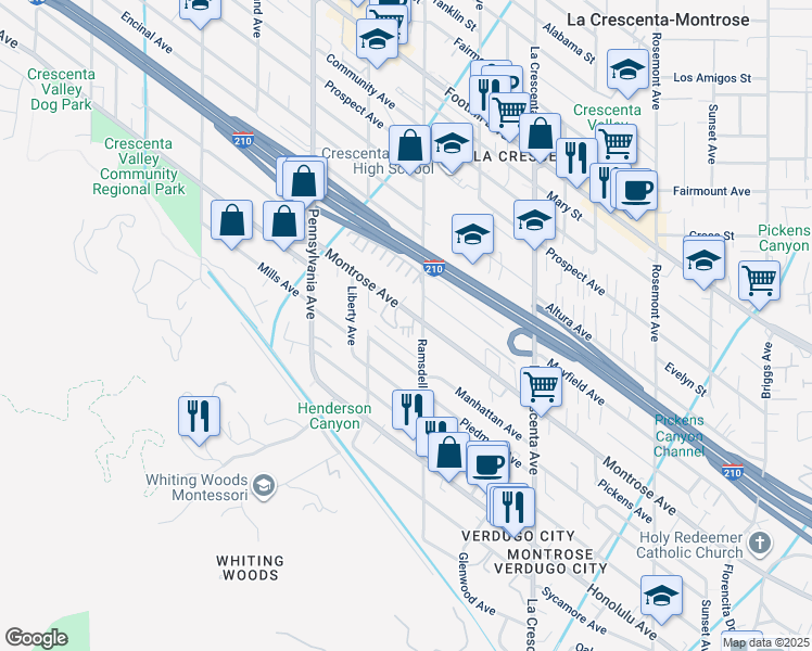 map of restaurants, bars, coffee shops, grocery stores, and more near 3010 Montrose Avenue in Glendale