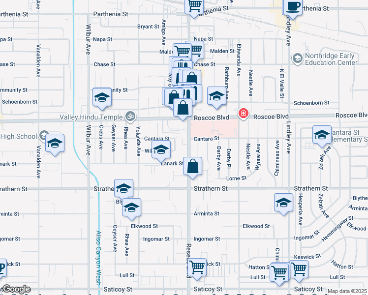 map of restaurants, bars, coffee shops, grocery stores, and more near 8151 Reseda Boulevard in Los Angeles