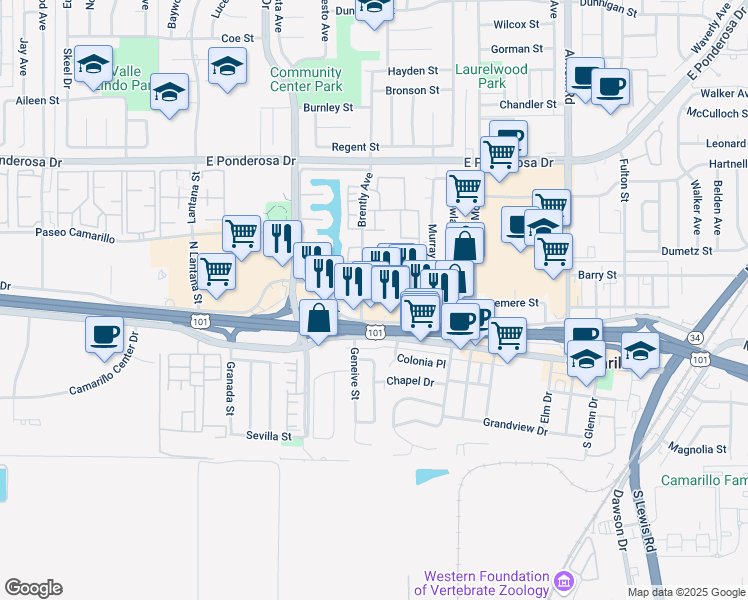 map of restaurants, bars, coffee shops, grocery stores, and more near 1701 East Daily Drive in Camarillo