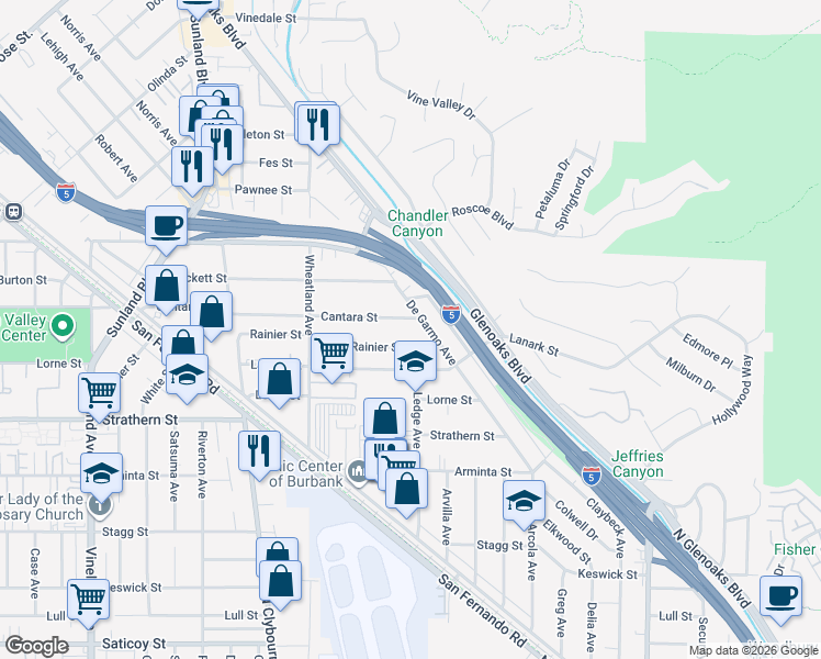 map of restaurants, bars, coffee shops, grocery stores, and more near 10416 Cantara Street in Los Angeles