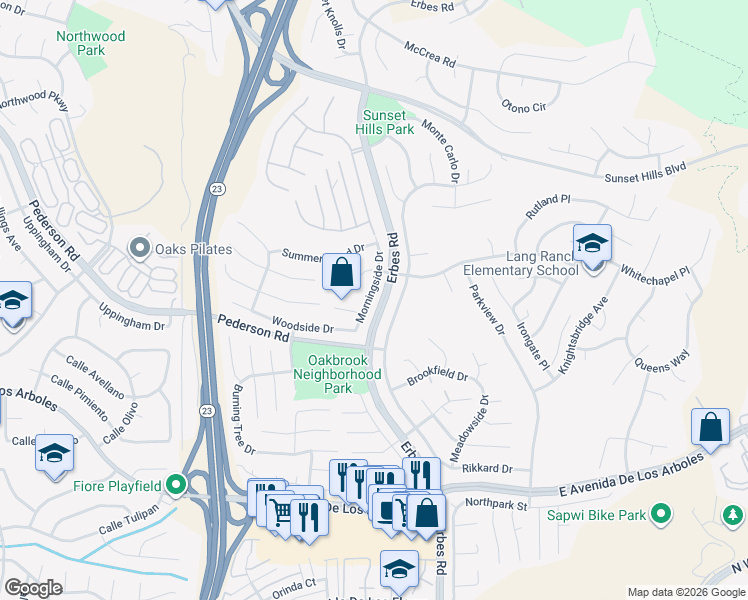 map of restaurants, bars, coffee shops, grocery stores, and more near 2972 Morningside Drive in Thousand Oaks