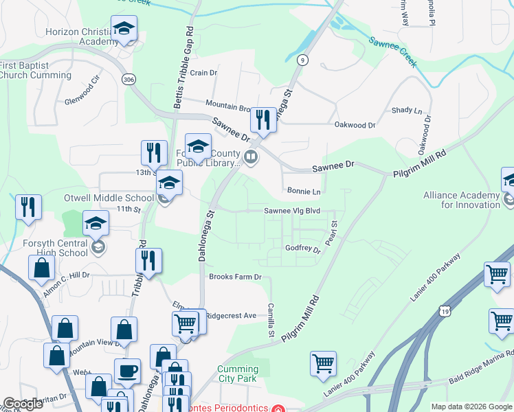 map of restaurants, bars, coffee shops, grocery stores, and more near 549 Dahlonega Street in Cumming