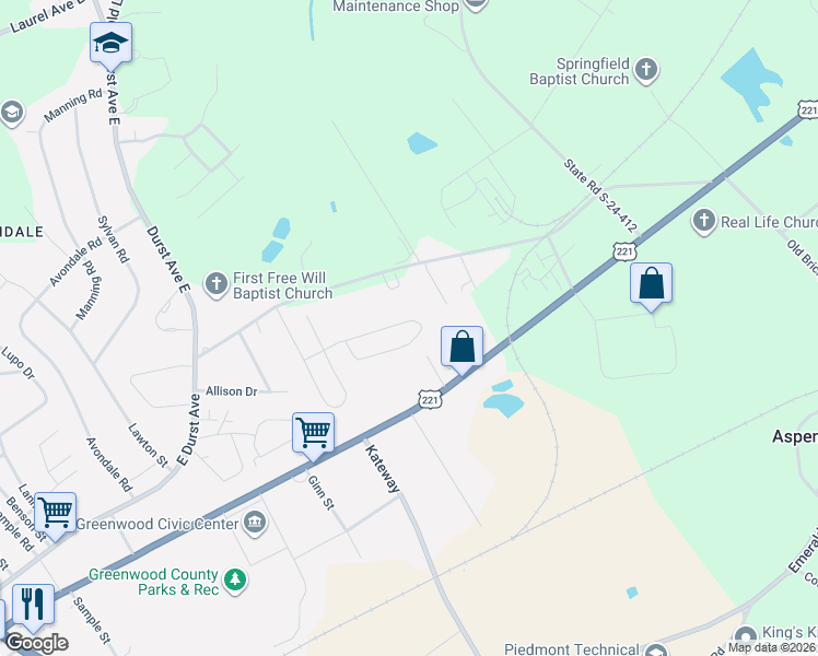 map of restaurants, bars, coffee shops, grocery stores, and more near 1921 South Carolina 72 in Greenwood