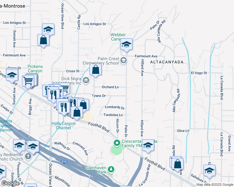 map of restaurants, bars, coffee shops, grocery stores, and more near 1929 Lyans Drive in La Cañada Flintridge