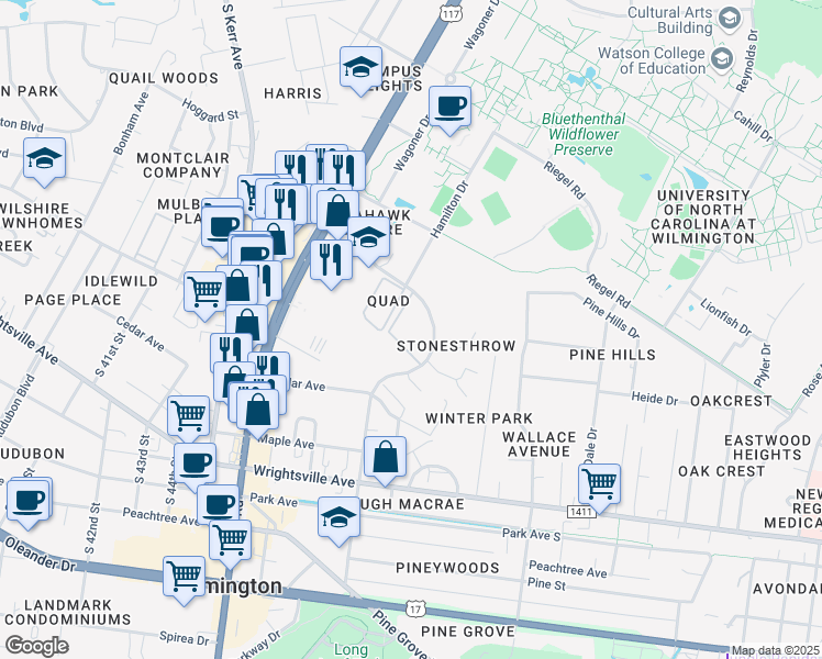 map of restaurants, bars, coffee shops, grocery stores, and more near 4811 Atlantis Court in Wilmington