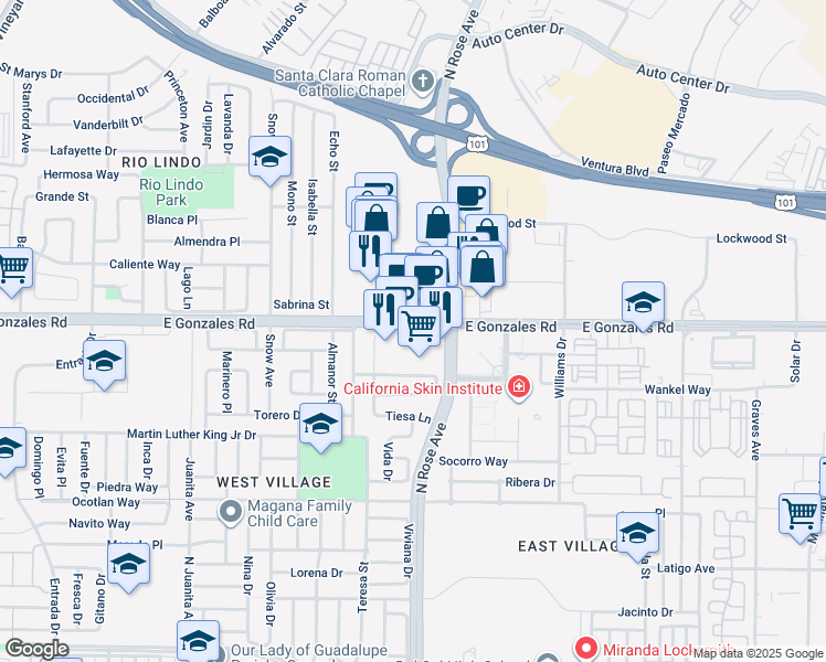 map of restaurants, bars, coffee shops, grocery stores, and more near 1700 East Gonzales Road in Oxnard