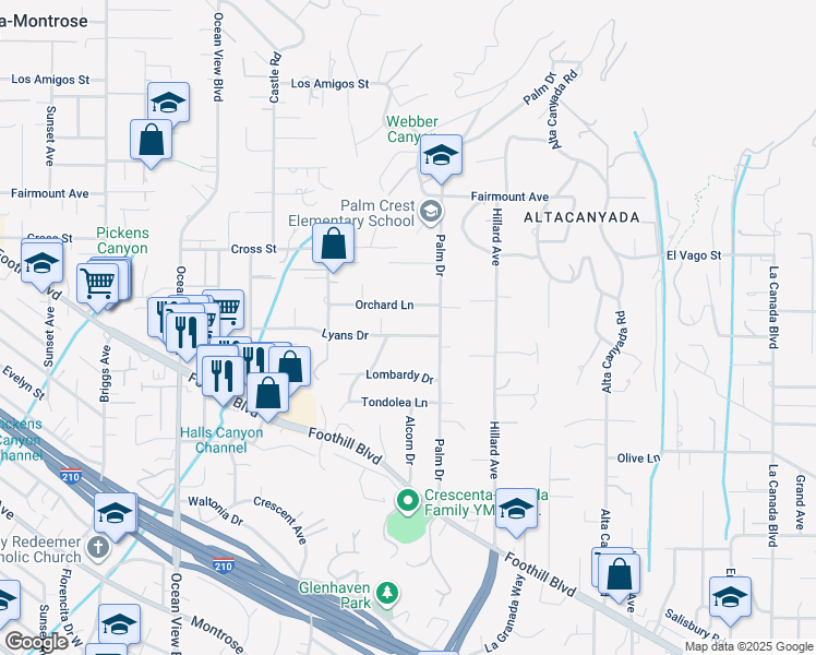 map of restaurants, bars, coffee shops, grocery stores, and more near 1929 Lyans Drive in La Cañada Flintridge