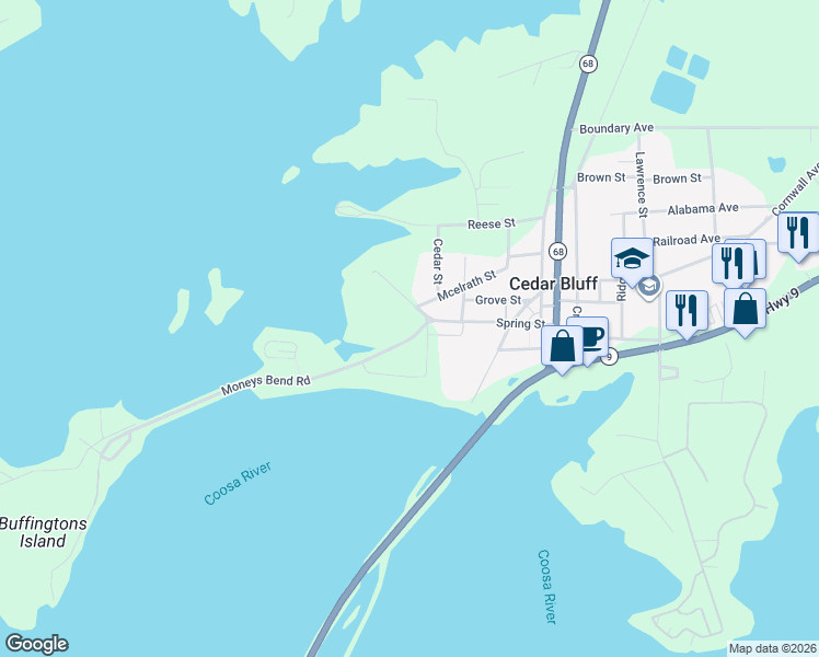 map of restaurants, bars, coffee shops, grocery stores, and more near 3115 Moneys Bend Road in Cedar Bluff