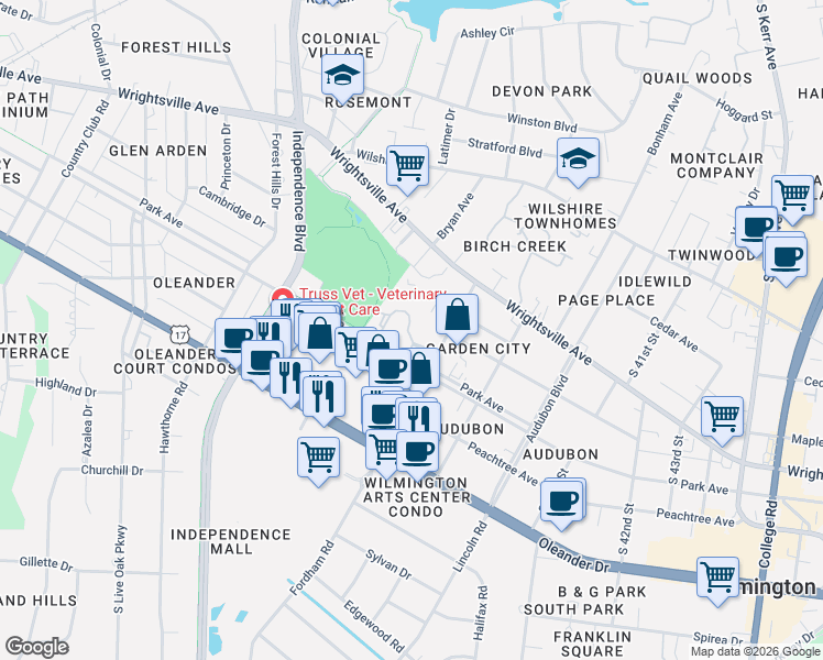 map of restaurants, bars, coffee shops, grocery stores, and more near 3736 Saint Johns Court in Wilmington