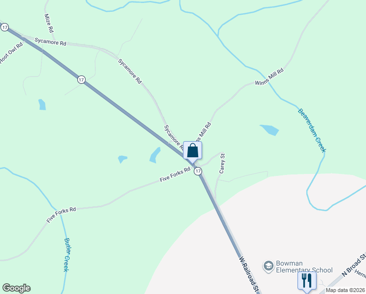 map of restaurants, bars, coffee shops, grocery stores, and more near 3000 Five Forks Road in Bowman