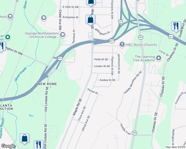 map of restaurants, bars, coffee shops, grocery stores, and more near 6 Flora Avenue Southeast in Rome