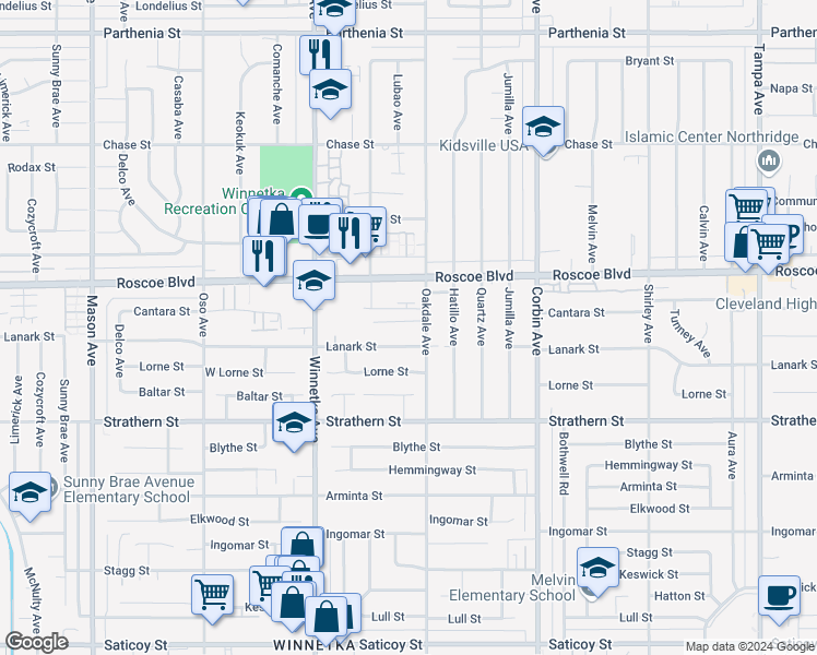 map of restaurants, bars, coffee shops, grocery stores, and more near 19916 Cantara Street in Los Angeles