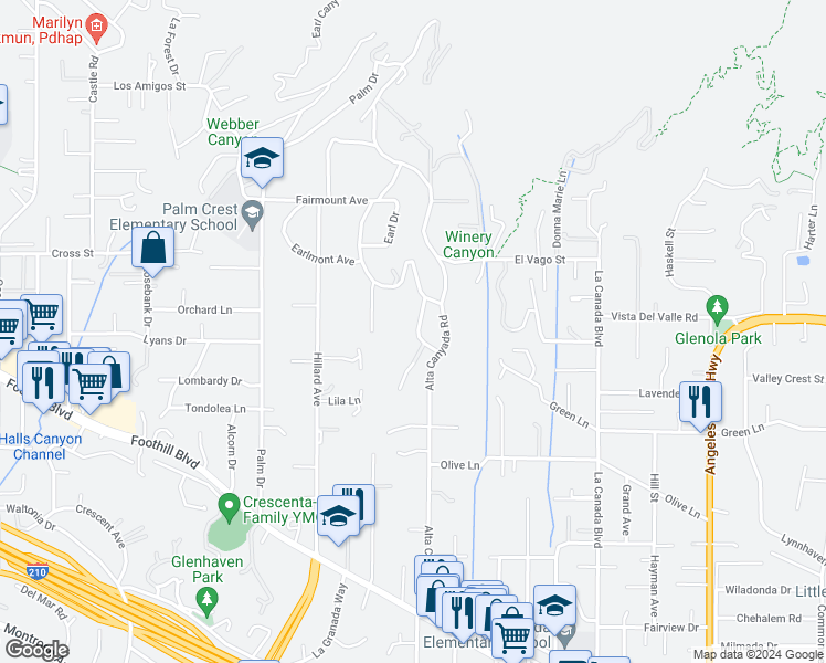 map of restaurants, bars, coffee shops, grocery stores, and more near 5027 Louise Drive in La Cañada Flintridge