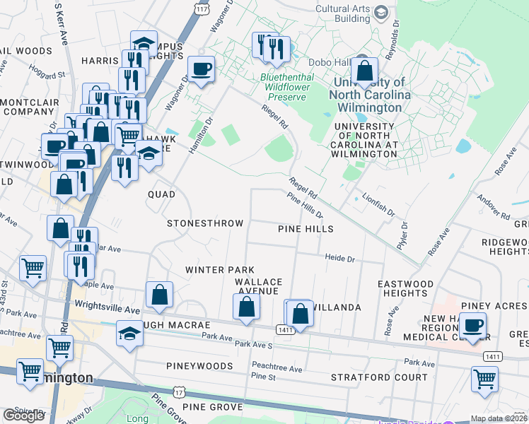 map of restaurants, bars, coffee shops, grocery stores, and more near 5020 Barefoot Drive in Wilmington