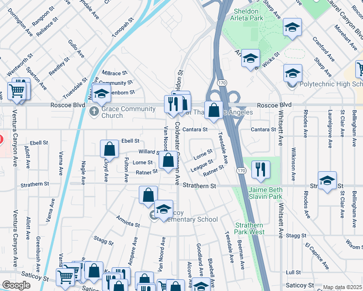 map of restaurants, bars, coffee shops, grocery stores, and more near 8130 Coldwater Canyon Avenue in Los Angeles