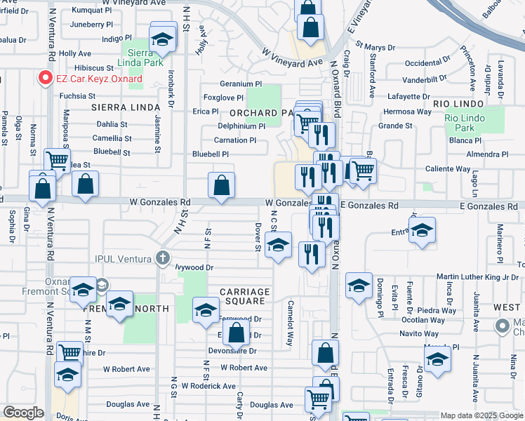 map of restaurants, bars, coffee shops, grocery stores, and more near 1820 Dover Street in Oxnard