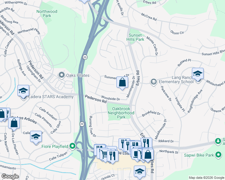 map of restaurants, bars, coffee shops, grocery stores, and more near 1835 Woodside Drive in Thousand Oaks