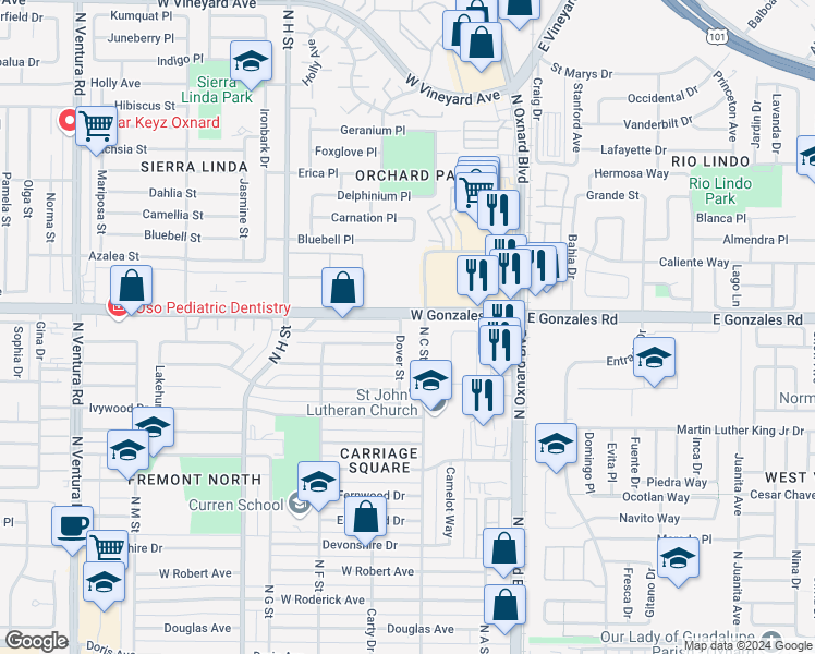map of restaurants, bars, coffee shops, grocery stores, and more near 1820 Dover Street in Oxnard
