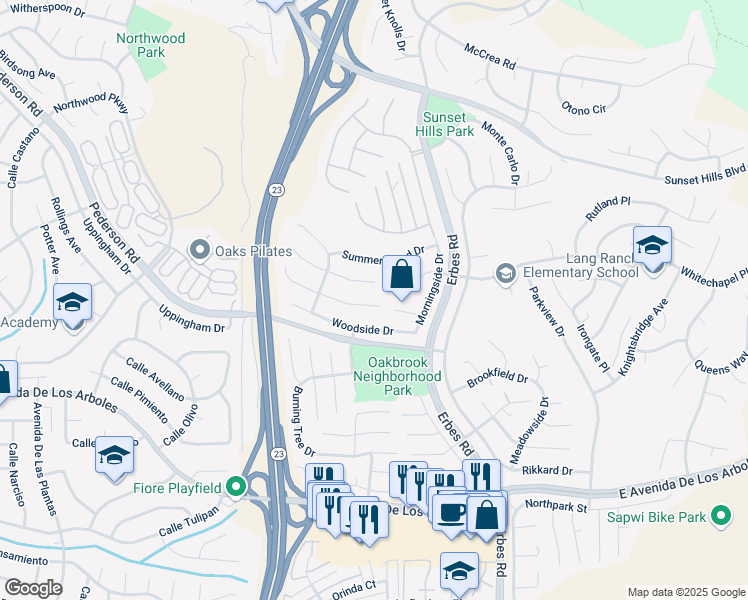 map of restaurants, bars, coffee shops, grocery stores, and more near 1825 Sweet Briar Place in Thousand Oaks