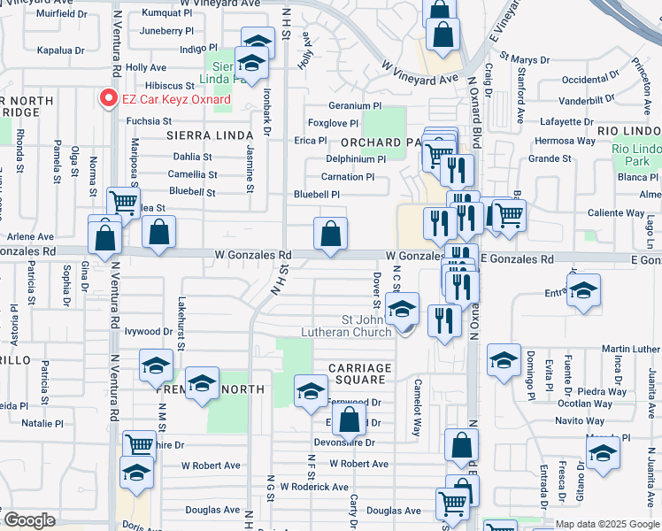 map of restaurants, bars, coffee shops, grocery stores, and more near 620 West Gonzales Road in Oxnard