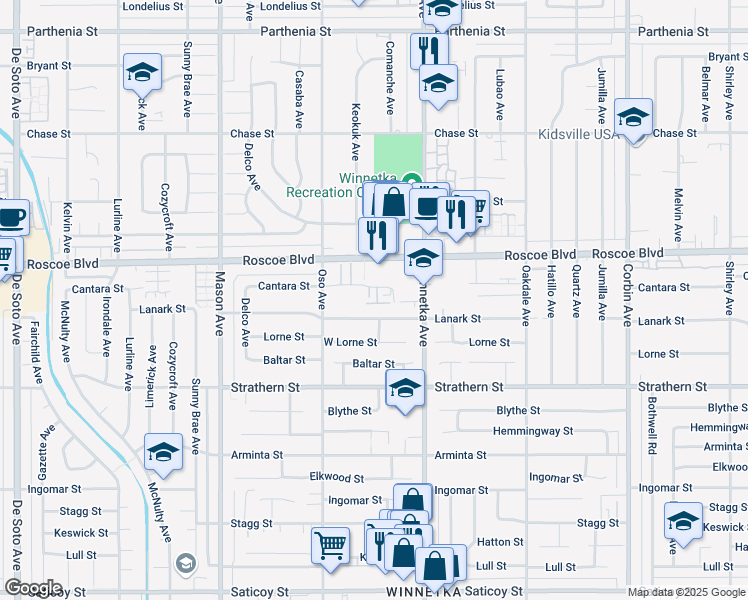 map of restaurants, bars, coffee shops, grocery stores, and more near 20212 Lanark Street in Los Angeles