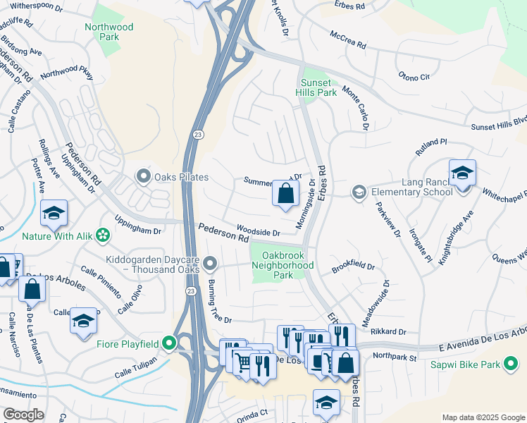 map of restaurants, bars, coffee shops, grocery stores, and more near 1835 Woodside Drive in Thousand Oaks