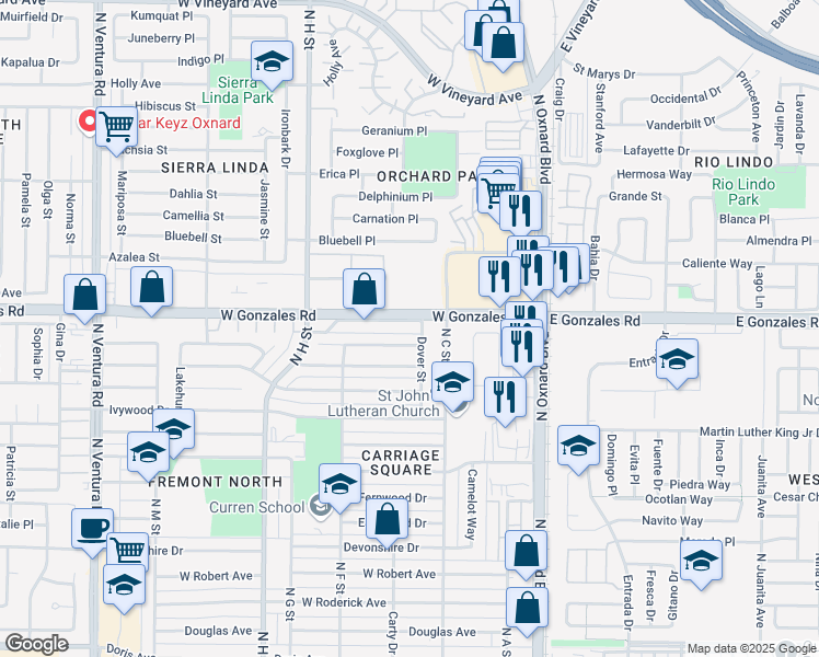 map of restaurants, bars, coffee shops, grocery stores, and more near 520 Lawnwood Way in Oxnard
