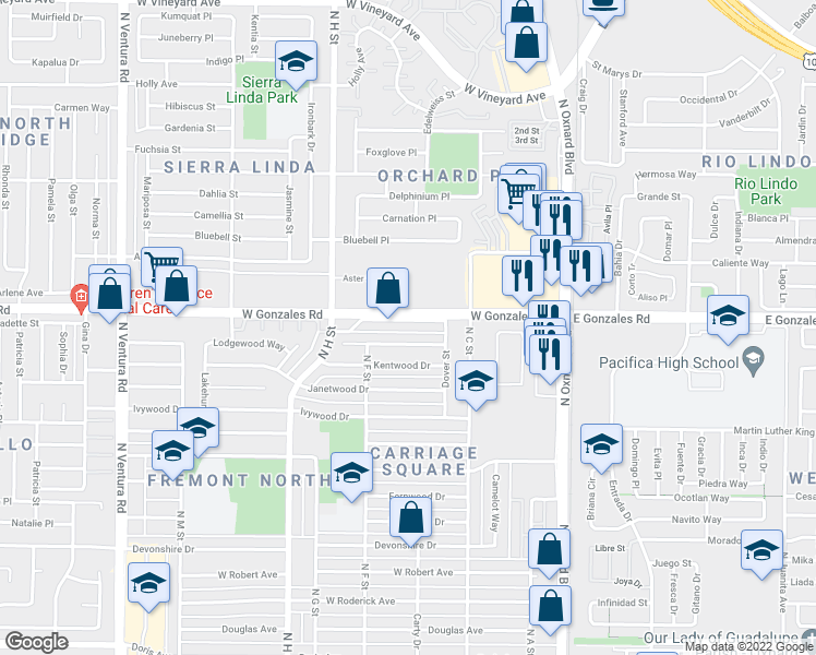 map of restaurants, bars, coffee shops, grocery stores, and more near 620 Lawnwood Way in Oxnard