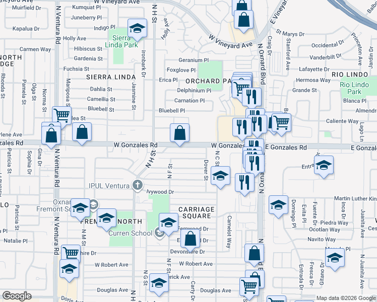 map of restaurants, bars, coffee shops, grocery stores, and more near 620 Lawnwood Way in Oxnard