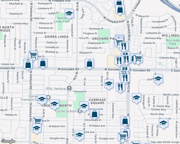 map of restaurants, bars, coffee shops, grocery stores, and more near 620 Lawnwood Way in Oxnard