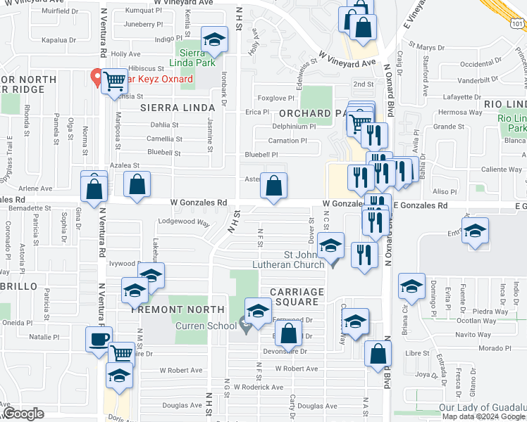 map of restaurants, bars, coffee shops, grocery stores, and more near 620 Lawnwood Way in Oxnard