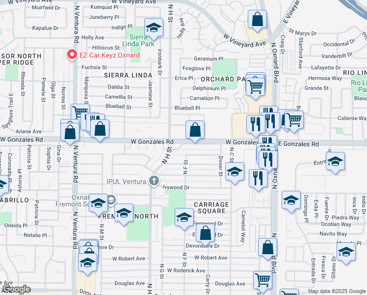map of restaurants, bars, coffee shops, grocery stores, and more near 700 West Gonzales Road in Oxnard