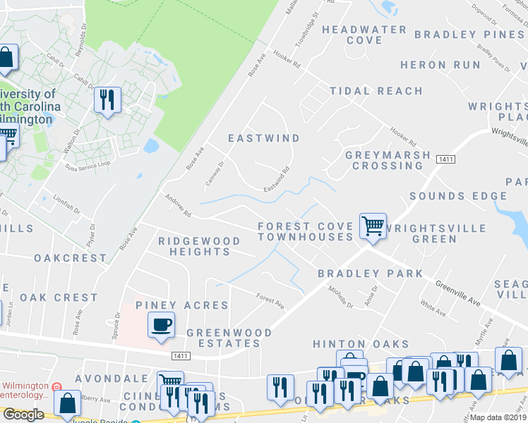 map of restaurants, bars, coffee shops, grocery stores, and more near 5431 Andover Road in Wilmington