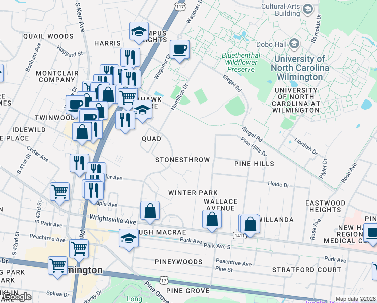 map of restaurants, bars, coffee shops, grocery stores, and more near 806 Seabury Court in Wilmington