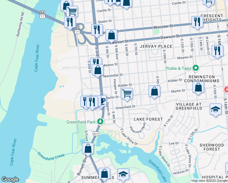 map of restaurants, bars, coffee shops, grocery stores, and more near 307 Martin Street in Wilmington