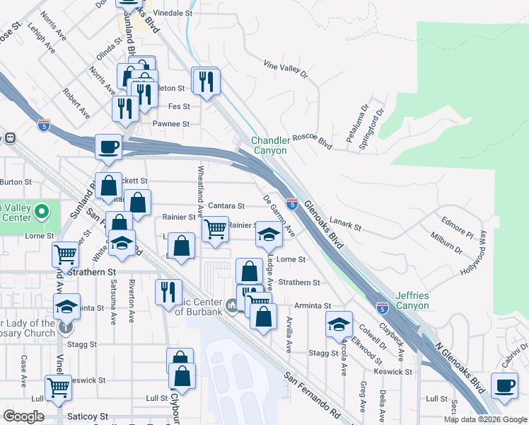 map of restaurants, bars, coffee shops, grocery stores, and more near 10416 Cantara Street in Los Angeles